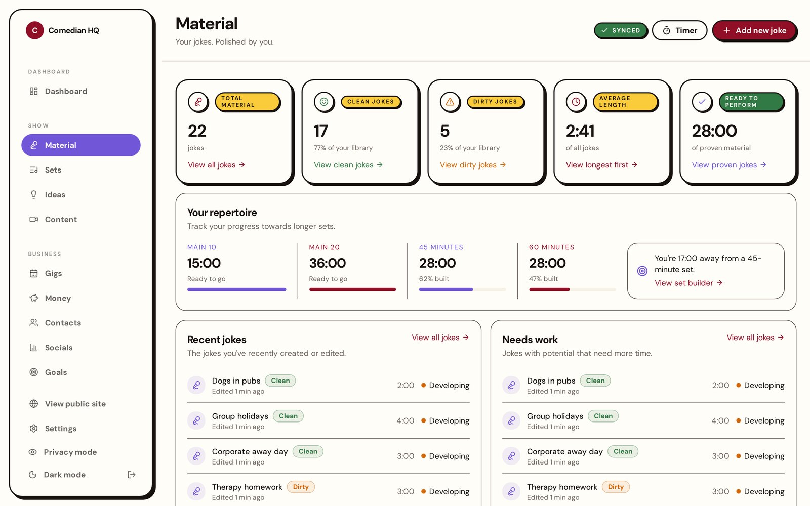 Comedy HQ Material page showing joke library stats and repertoire progress